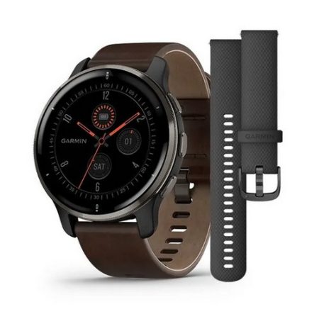 Garmin Venu 2 Plus Fekete / Palaszürke barna bőr szíjjal + fekete szilikon szíj